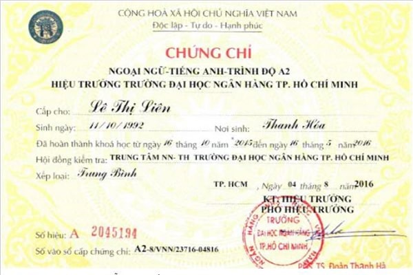 Mẫu chứng chỉ Vstep