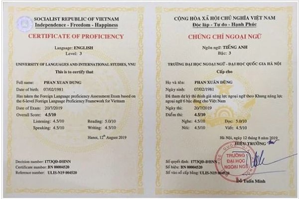Mẫu chứng chỉ Vstep