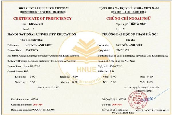 Mẫu chứng chỉ Vstep
