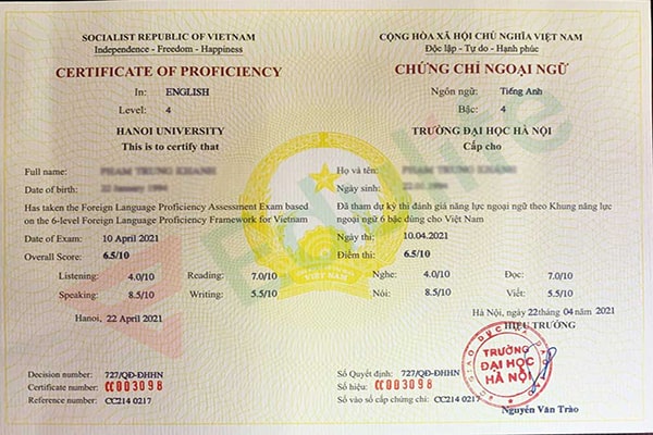 Mẫu chứng chỉ Vstep