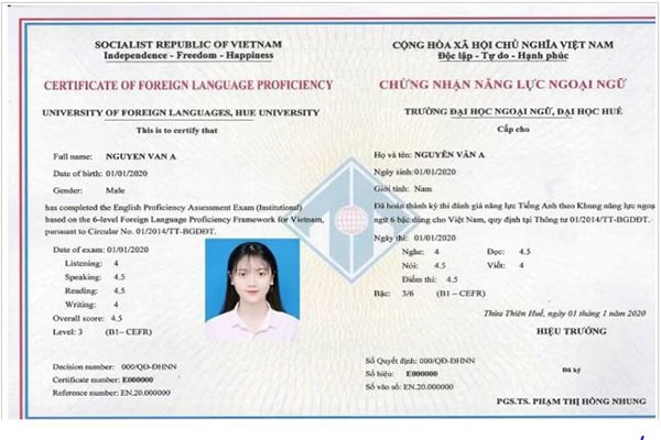Mẫu chứng chỉ Vstep