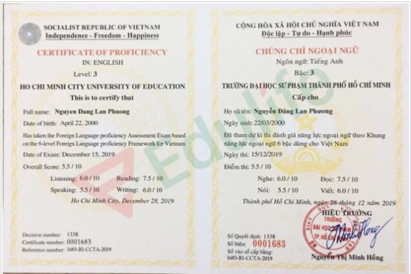 Mẫu chứng chỉ Vstep