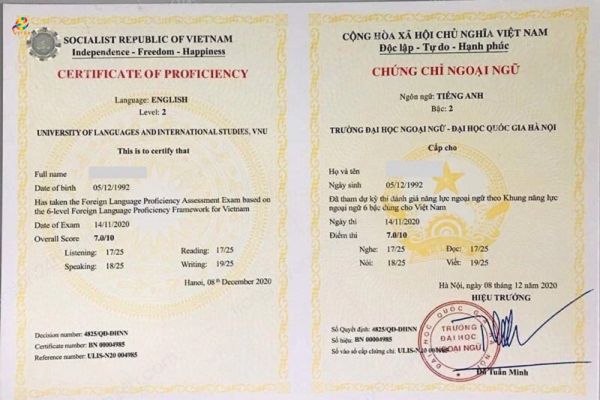 chứng chỉ Vstep A2